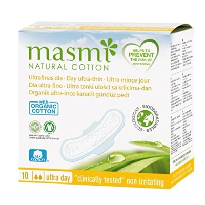 Image of Masmi Organic Ultra Thin Day Pads with Wings Individually Wrapped Certified Cotton Hypoallergenic Biodegradable Perfume Viscose Rayon Chlorine and Dioxin Free… (Single Pack)