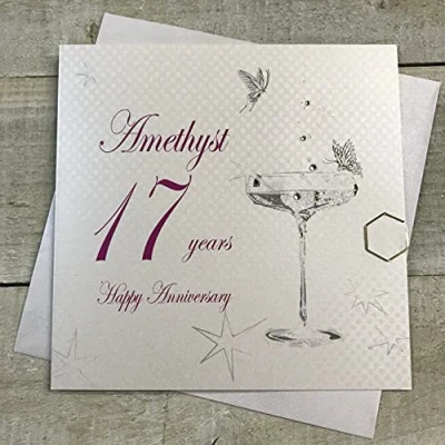 Image of WHITE COTTON CARDS Happy Amethyst&#039; 17 Years Anniversary Handmade Card, White, BD117C, 16cm X 16 cm