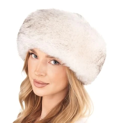 Image of Futrzane Siberian Trim Hat Womens Leather Faux Fur Hats Elegant Russian (XL, White with Black Siberian)