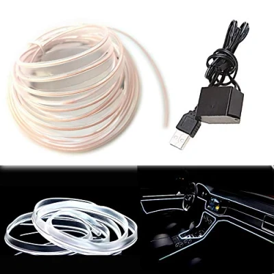 Image of Balabaxer El Wire White Interior Car LED Strip Lights, 5M Neon USB 5V with Fuse Protection for Automotive Decoration 6mm Sewing Edge…