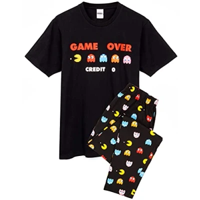 Image of Pac Man Pyjamas For Men Adults Arcade Game Over Black Short Sleeve T Shirt &amp; Loungewear Joggers Pjs Gamer Merchandise