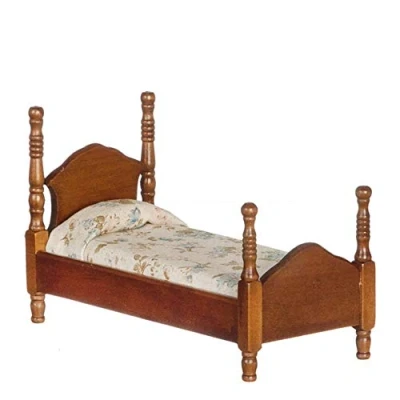 Image of Dolls House Narrow Walnut Single Bed Miniature Bedroom Furniture1:12 Scale