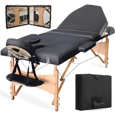 Image of Vesgantti Portable Massage Bed Table 3 Section Foldable Beauty Couch for Reiki Therapy Treatment Salon Healing Metal Headrest Support/Carry Bag (Black)