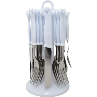 Image of 24pc White Cutlery Dinner Set Includes Metal Forks, Teaspoons, Spoons &amp; Plastic Drainer Stand Storage Organiser Durable Strong Long Lasting Suitable for Home, Kitchen, Restaurant, Catering