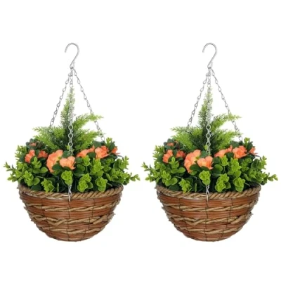 Image of Outsunny Pack of 2 Faux Plant Artificial Lisianthus Flowers Hanging Planter with Basket for Indoor Outdoor Decoration, Orange
