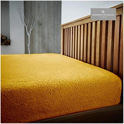 Image of Gaveno Cavailia Luxury Teddy Plain Fitted, Easy Care Soft Linen Thermal Warm Fluffy Bed Sheet, Double size, Ochre, Polyester
