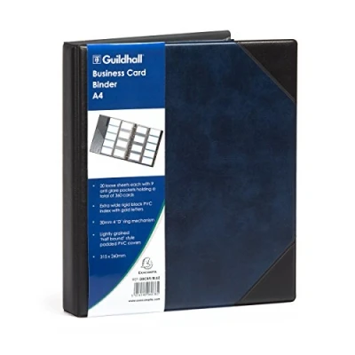 Image of Exacompta Ref DBCB9/BLUZ Guildhall Leatherette Business Card Binder, 315 x 260mm, 30mm D Ring Mechanism, 20 Loose Sheets, 9 Anti Glare Pockets, Holds 360 Cards Total Blue