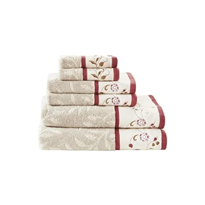 Image of Madison Park Serene 100% Cotton Bath Towel Set Luxurious Floral Embroidered Jacquard Design, Soft and Highly Absorbent for Shower, Multi Sizes, Red