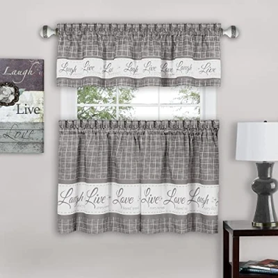 Image of Tier and Valance Window Curtain Set 58 Inch Width, 24 Length Live, Love, Laugh (Grey) Light Filtering Drapes for Kitchen, Bedroom, Living &amp; Dining Room by Achim Home Decor