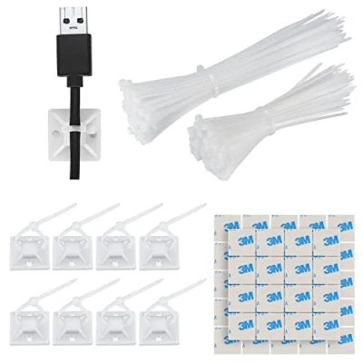 Image of GOLDEROC 200 PCS White Cable Ties with 100 Self Adhesive Tie Mounts, and Clips, Sticky Pads, Management Set for Home Office Workshop