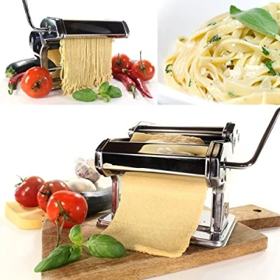 Image of Babz 3 in 1 Heavy Duty Stainless Steel Professional Fresh Pasta Lasagne Spaghetti Tagliatelle Maker Machine Cutter with Cut Press Blade Settings Table Top Clamp Kitchen Set (Silver)