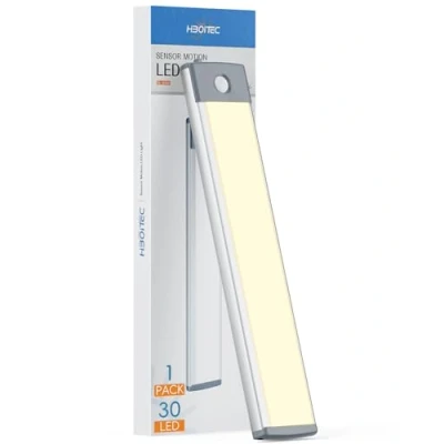 Image of HIBOITEC Under Cabinet Light 30 LED Motion Sensor Closet Lighting Battery Operated, Magnetic Cupboard Lights Rechargeable 180lm Automatic for Cupboard, Wardrobe, Stairs(Warm, 1Pack)