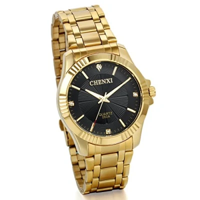 Image of JewelryWe Golden Stainless Steel Mens Wrist Watch for Man Black Dial with Rhinstones