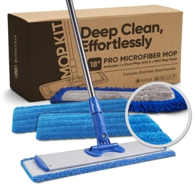 Image of 18&quot; Professional Microfiber Mop Hardwood Floor Dry &amp; Wet for Wood, Laminate, Tile, Vinyl Floors Washable Pads Dust Mopping