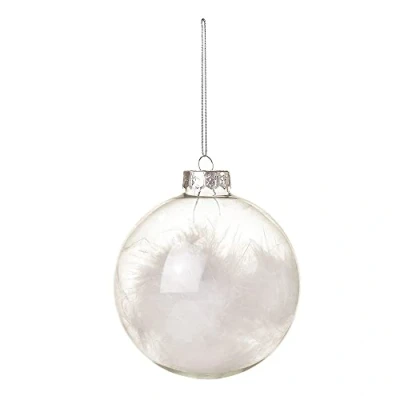 Image of Crafty Capers 8cm Clear Glass Bauble with White Feathers Christmas Tree Decoration Remembrance