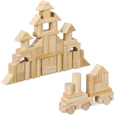 Image of Relaxdays Wooden Building Blocks, 100 Pieces, Various Shapes, Stacking &amp; Construction for Kids, Beech Wood, Natural, 1.5 x 3 9 cm