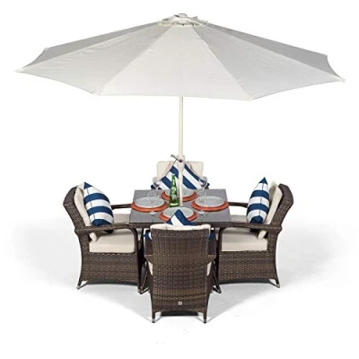 Image of Arizona Luxury Rattan Dining Set Square 4 Seater Brown Outdoor Poly Garden Table &amp; Chairs Patio Conservatory Wicker Furniture with Parasol Cover