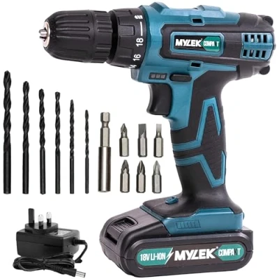 Image of MYLEK 18V Cordless Drill Lithium Ion Drills Driver Screwdriver Set 13 Piece Combi Accessory Kit LED Worklight, 18 Volts Blue/Black