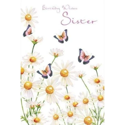 Image of Pizazz Embellished Female Birthday Card (NQ HR56) Sister Daisies and Butterflies Pretty Flitter Finish Greeting for Her From the Lovely Range