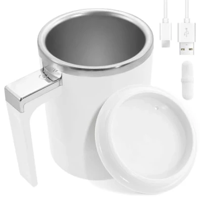 Image of NIHUIFDPY 350ml Self Stirring Mug Stainless Steel Automatic Magnetic Coffee with Lid Electric Mixing Cup Rechargeable for Milk Juice(White)