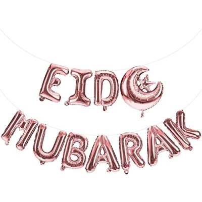 Image of Mubarak Happy Eid Letter Foil Balloons Decoration Balloon Banner Set 16&quot; Metallic Silver Rose Gold (Rose Gold)