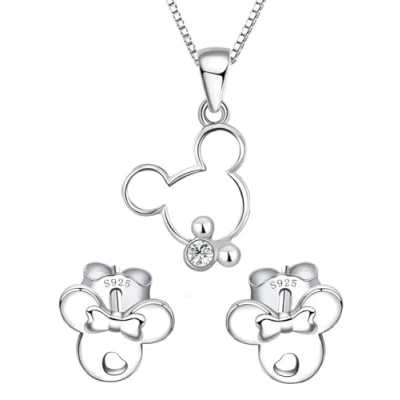 Image of Kaguyo Jewellery Sets for Women Sterling Silver Clear Zirconia Mickey Mouse Pendant Necklace with Minnie Stud Earrings Jewelry Set and Girls Birthday Gift