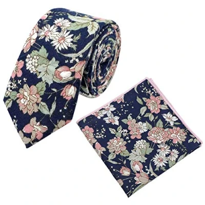 Image of DB Dickie Bow Men&#039;s Floral Luxury Cotton Skinny Neck Tie &amp; Pocket Square Set (Blue Pink Floral) suitable for formalwear, office, weddings, parties, grooms groomsmen outfits