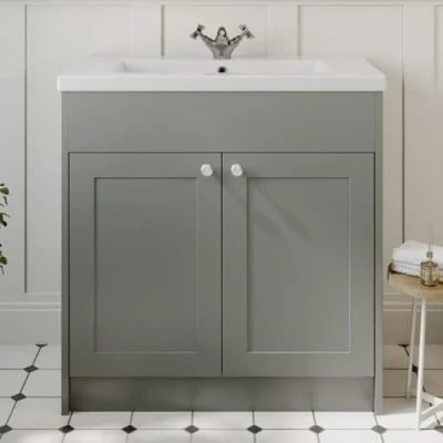 Image of Baystone® 800mm Traditional Bathroom Vanity Unit with Wash Basin Ceramic Sink, Double Door, Cloakroom Storage Furniture Under Cabinet, Floorstanding Cabinets Grey