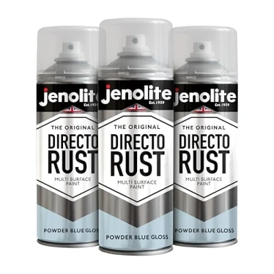 Image of JENOLITE Directorust Gloss Spray Paint Powder Blue 3 x 400ml Direct to Rust for Metal Multi Surface Wood, Metal, Plastic, Ceramic RAL 240 80 10