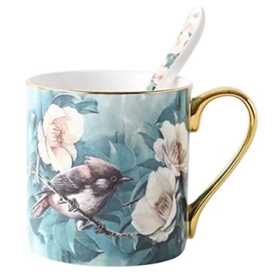 Image of YBK Tech Bone China Porcelain Tea Cup, 12oz Coffee Mug for Home Kitchen Office Birds Patterns (Turquoise/Green)