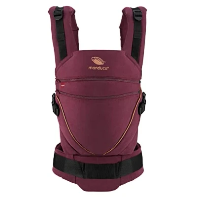 Image of manduca XT Baby Carrier, Adjustable Seat, Expands from Newborn to Toddler Organic Cotton Sling with 3 Carrying Options, Denim Berry/Toffee