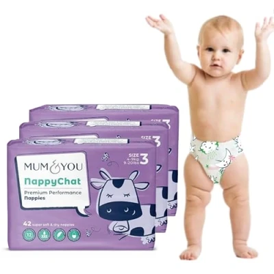 Image of Mum &amp; You Premium Eco Friendly Dry Baby Nappies Size 3 (4 9 KG), 126 Count (3 Packs of 42) Dermatologically Tested with 12 Hr Leak Protection Wetness Indicator Rash Free