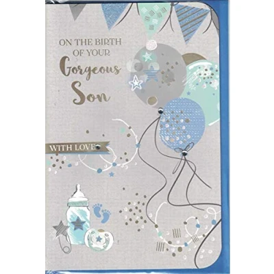 Image of prelude New Baby Boy Card On The Birth Of Your Gorgeous Son With Love Modern Balloons &amp; Bunting Medium Size 23cm x 16cm.