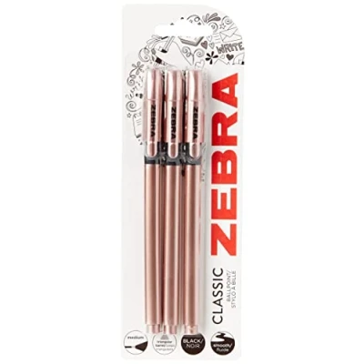 Image of ZEBRA Pen Z Grip Black Pens Ballpoint, Super Trendy Rose Gold Ballpoint With Triangular Barrel, Ink, Reliable Biro Multipack For Everyday Use Medium Point, 3 pk
