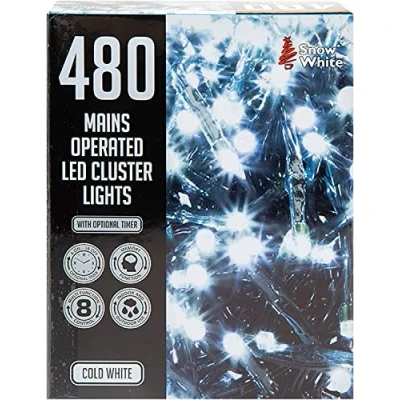 Image of VFM Cold White 480 LED 6.2M Cluster Christmas Lights Festive Bright String Xmas Tree Wedding Fairy Lighting Indoor &amp; Outdoor Mains Operated Multi Function