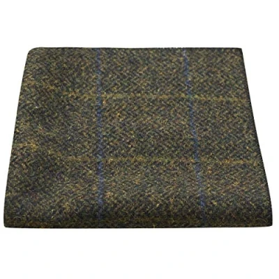 Image of King &amp; Priory Luxury Juniper Green Herringbone Check Pocket Square, Handkerchief, Tweed