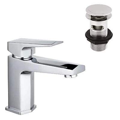 Image of Nuie HDY305 Hardy Modern Bathroom Square Mono Basin Mixer Tap with Free Push Button Waste, 153mm x 50mm, Chrome