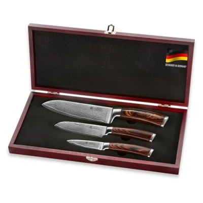 Image of Wakoli EDIB 3 Piece Professional Damascus Kitchen Knife Set Made from 67 Layers of Genuine Steel with VG 10 Core Chef’s Ergonomic Pakkawood Handles in a Wooden Box