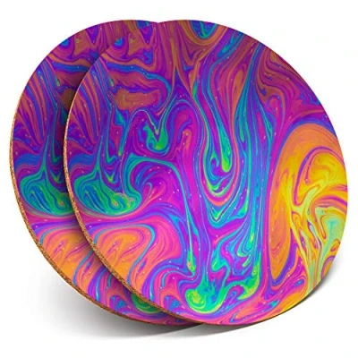 Image of 2 x Round Coasters Liquid Rainbow Paint Swirls Cork Backed Home Kitchen Accessory Tea Coffee Mug Mat #14630