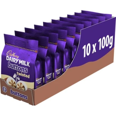 Image of Cadbury Dairy Milk and White Chocolate Buttons Twisted, Sharing Bags, Bite Size Treats 100 g (Pack of 10 Bags)