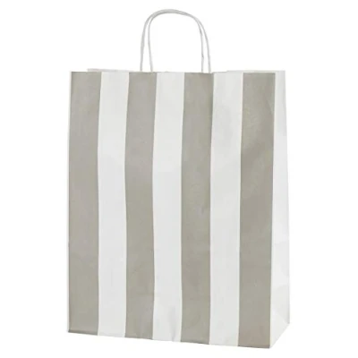 Image of Thepaperbagstore 100 LIGHT GREY &amp; WHITE STRIPES PAPER RE USABLE SHOPPING BAGS WITH STRONG TWISTED HANDLES Medium 250x110x310mm