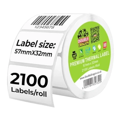 Image of Double Dragon, 57 mm x 32 2100 Thermal Labels on roll for Direct Printers, Zebra, MUNBYN, Rollo, TSC, Toshiba, Citizen, Eltron and More.