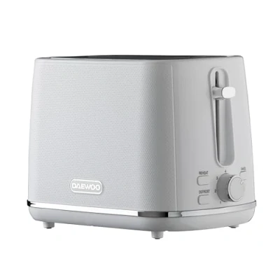Image of Daewoo Stirling Collection, 2 Slice Toaster, Easy Cleaning, Safety Features, Cord Storage, High Lift Lever, Browning Controls, Defrost, Reheat, Cancel Functions, Stainless Steel, White