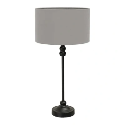 Image of Black Metal Candlestick Table Lamp with Grey Fabric Drum Shade Bedside Light