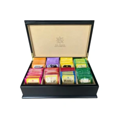 Image of Indianteacompany ITC Luxury Wooden Black Tea Chest Caddy 8 Compartment with Cream Velvet 80 Twinings Individually Wrapped Bags