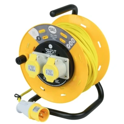 Image of SLx 110V Extension Lead Industrial 25m Open Drum Cable Reels, 2 Socket with Thermal Cut Out, Heavy Duty Indoor and Outdoor Cable, 16A Fused UK Plug