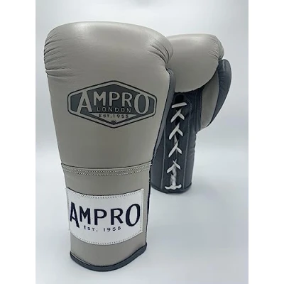 Image of Ampro Hybrid Powertech Lace Up Sparring Glove Sparring/Bag/Spar/Boxing/Training (Light Grey/Dark Grey, 16oz)