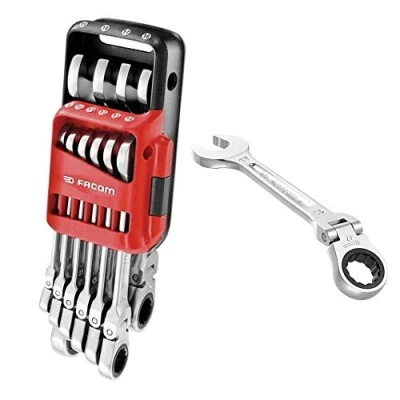 Image of Facom 467BF.JP10 Combination Spanner Set with Articulated Ratchet Metric in Carry Case Silver (10 Pieces)