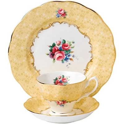 Image of Royal Albert 100 Years 40017539 1990 Bouquet Teacup, Saucer &amp; Plate 20cm 3 Piece Set Yellow, Bone China, 200 milliliters
