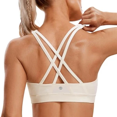 Image of CRZ Yoga Women&#039;s Strappy Back Wirefree Padded Workout Sports Bra White Apricot XS